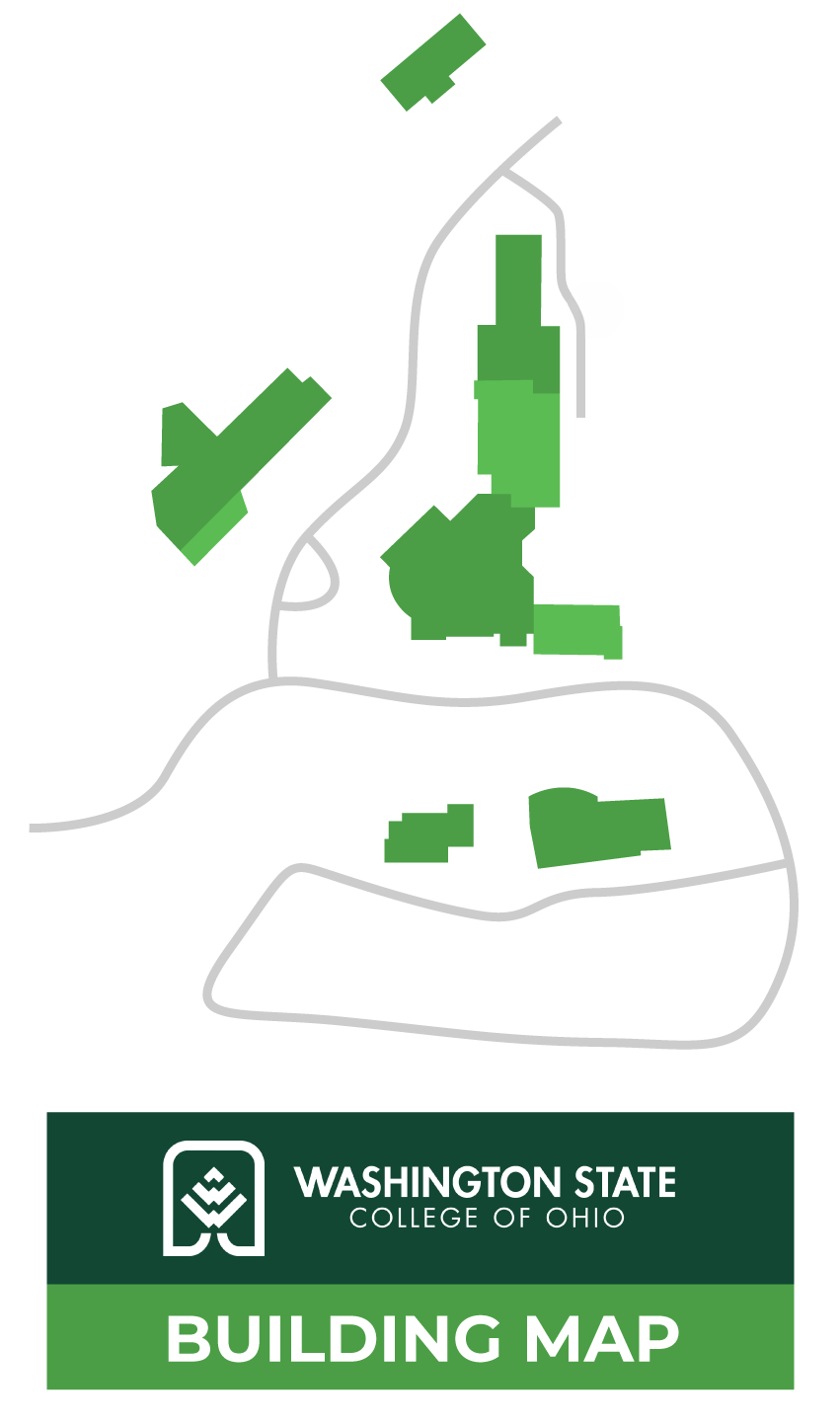 Washington State College of Ohio building map overlay with highlighted green campus sections