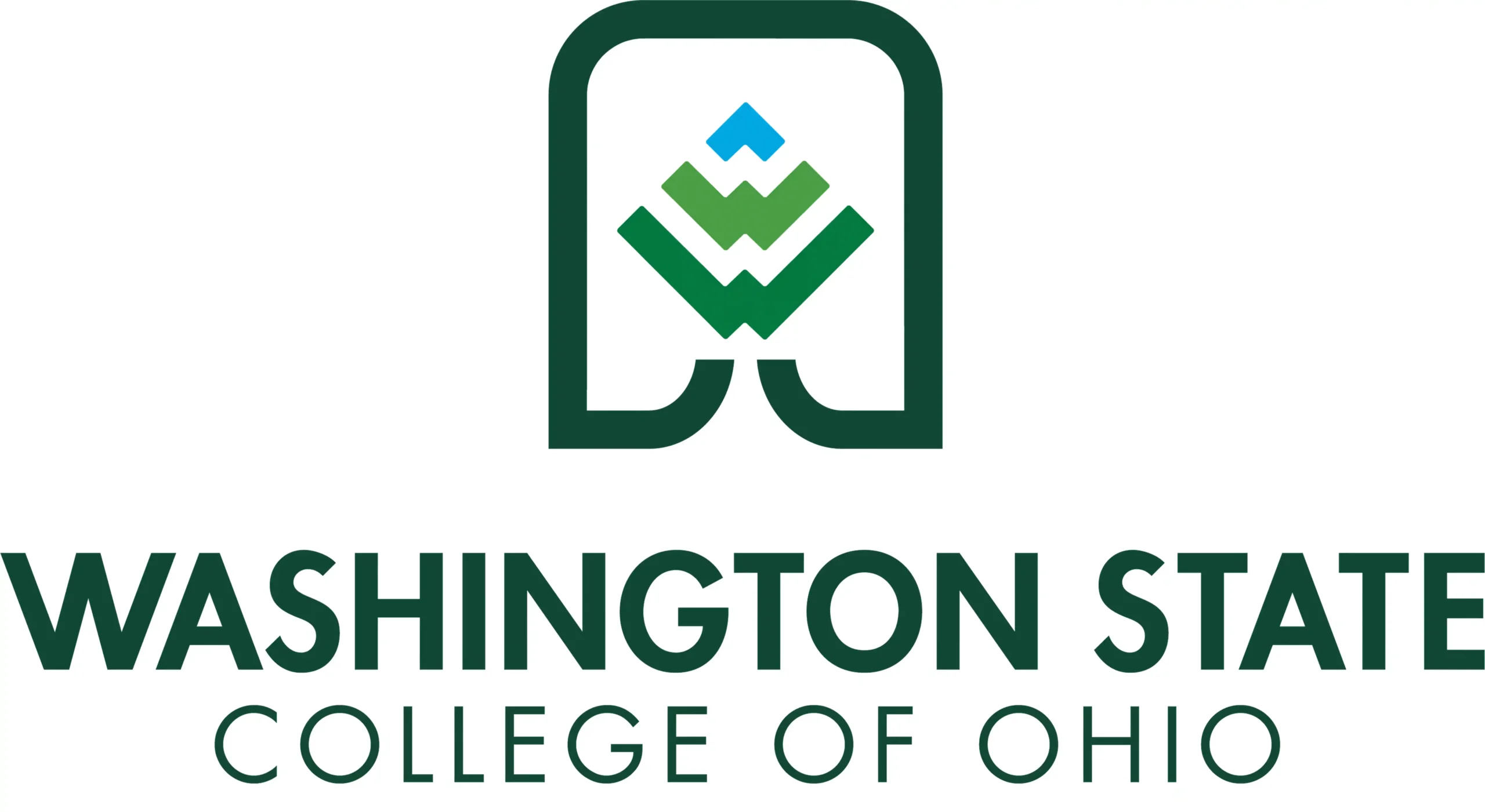 Washington State College of Ohio logo with green geometric emblem and wordmark.