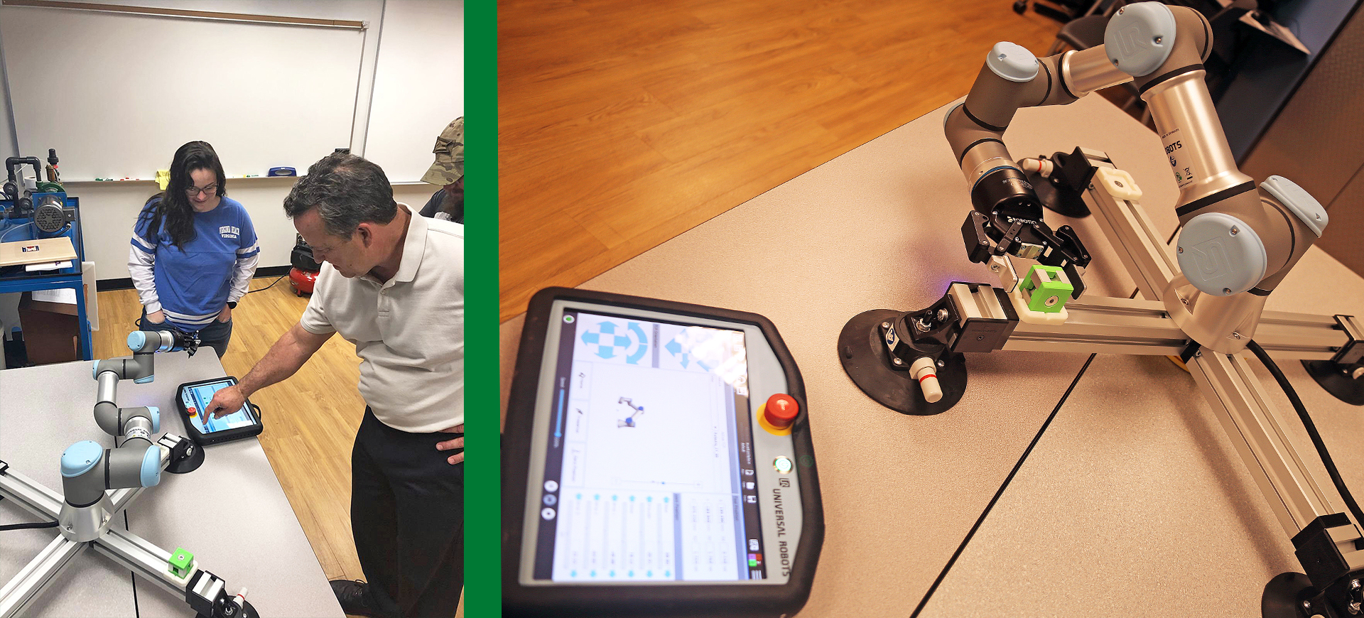 WSCC Instructor John Burgardt demonstrating the Universal UR3e robot for Electrical Engineering Technology student Callie McMillin. This is just one example of the robots that will be used with the new Robotics & Mechatronics program.